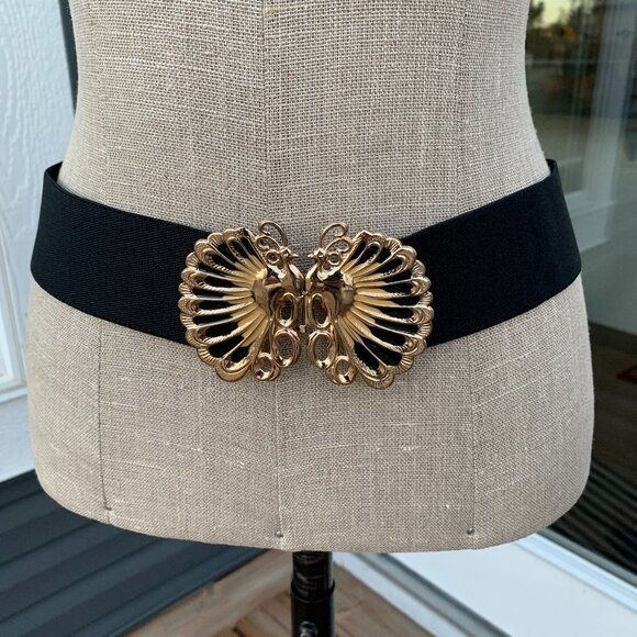 Vintage Black Elastic Statement Cinch Waist Belt Retro 80s Peacock Buckle Boho - Picture 1 of 10